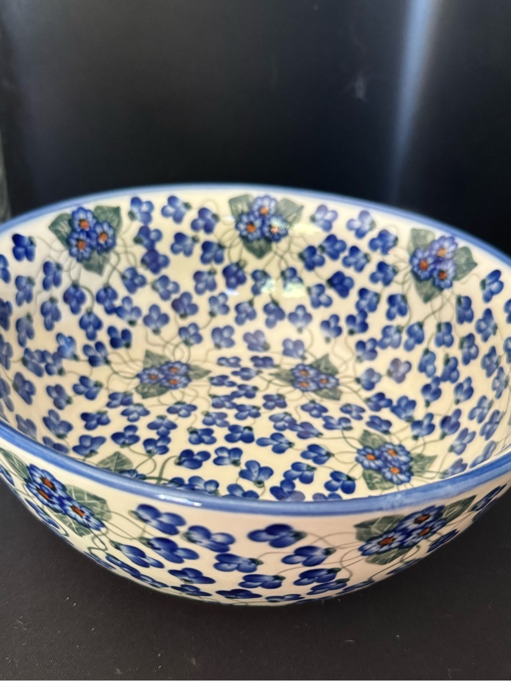 Polish Pottery Blue Floral Ceramic Serving Bowl